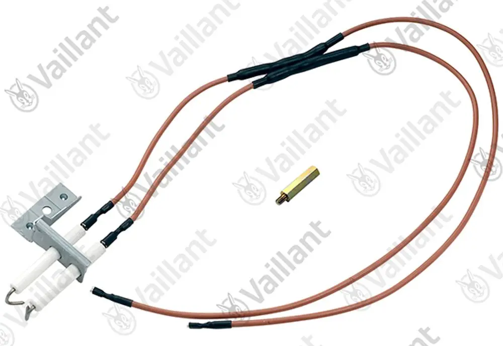 Vaillant Zündelektrode mit zwei Kabeln und einer Anschlussplatte, geeignet für die Zündung von Heizgeräten. Enthält auch eine Schraube zur Befestigung.